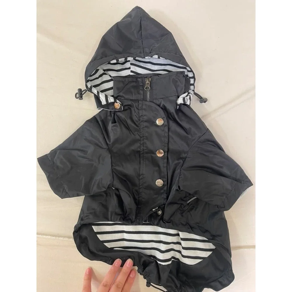 Black Hooded Pet Raincoat Striped Lining Reflective Dog Jacket Size M